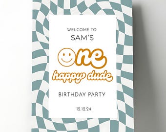 Letrero de bienvenida para el primer cumpleaños de un tipo feliz / Cumpleaños con emoticono retro / Descarga digital instantánea editable e imprimible en Canva