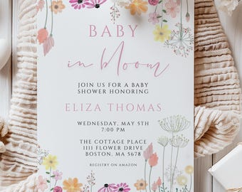 Invitación para baby shower "Bebé en Flor": Plantilla floral de Canva (Descarga digital)