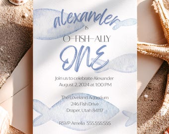 Plantilla de invitación para el primer cumpleaños de O-Fish-Ally One: temática de acuarela de peces oceánicos. Descarga digital editable e imprimible.
