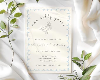 Plantilla de invitación para el primer cumpleaños de One Silly Goose l Invitación editable e imprimible con vieira pastel l Canva Descarga digital instantánea l Evite móvil