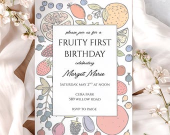 Plantilla de invitación para el primer cumpleaños con sabor a fruta l Invitación editable e imprimible l Descarga digital instantánea de Canva l Invitación móvil