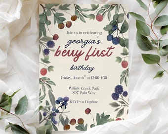 Plantilla de invitación para el primer cumpleaños de Berry | Invitación imprimible y editable | Descarga digital instantánea en Canva | Invitación para móvil