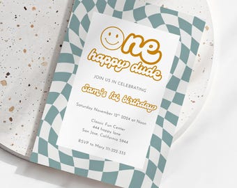 Invitación de cumpleaños para un tipo feliz / Invitación azul para el primer cumpleaños de un niño imprimible l Plantilla de invitación para el primer cumpleaños genial / Smiley Diversión retro