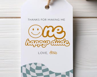 Etiqueta de comida para el primer cumpleaños de un tipo feliz / Cumpleaños con emoticono retro / Descarga digital instantánea editable e imprimible en Canva