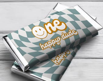 Envoltorio de caramelo para el primer cumpleaños de un tipo feliz / Cumpleaños con emoticono retro / Descarga digital instantánea editable e imprimible de Canva