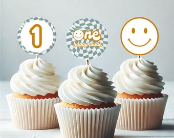 Adornos para cupcakes de primer cumpleaños de un tipo feliz / Cumpleaños con emoticono retro / Descarga digital instantánea editable e imprimible de Canva