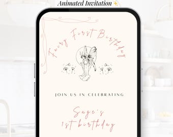 Invitación animada de primer cumpleaños con temática de hadas / Momento de invitación diseñado | Video ilustrado (digital) / Plantilla editable de Canva