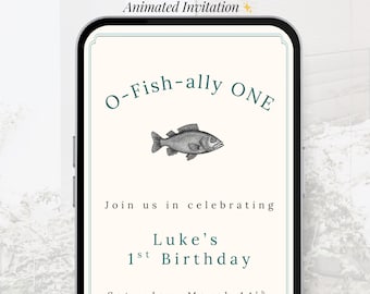 Invitación animada para el primer cumpleaños de O-Fish-ally ONE / Momento de invitación diseñado | Video con ilustración (digital) / Plantilla editable de Canva