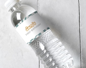 Etiqueta para botella de agua con texto "One Happy Dude", para el primer cumpleaños / Cumpleaños con emoticono retro / Descarga digital instantánea editable e imprimible en Canva