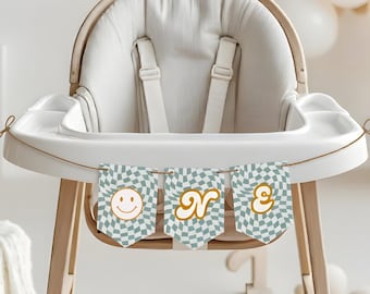Banner de silla alta para el primer cumpleaños de un tipo feliz / Cumpleaños retro sonriente / Descarga digital instantánea editable e imprimible en Canva