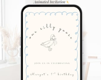 Invitación animada de primer cumpleaños de One Silly Goose / Momento de invitación diseñado | Video con ilustración (digital) / Plantilla editable de Canva