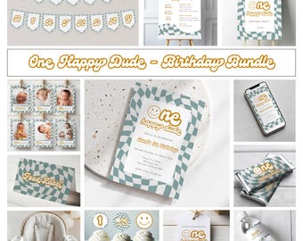 Paquete de primer cumpleaños de One Happy Dude / Paquete de invitación para primer cumpleaños l Cumpleaños con emoticonos retro / Descarga digital editable e imprimible de Canva