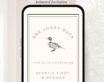 Invitación animada de primer cumpleaños "One Lucky Duck" / Momento de invitación diseñado | Video con ilustración (digital) / Plantilla editable de Canva