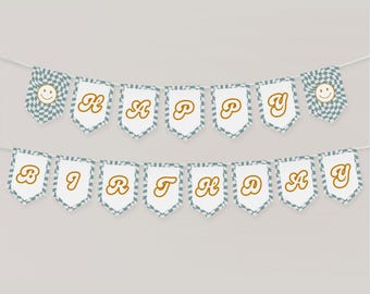 Arco de pancarta para el primer cumpleaños de un tipo feliz / Cumpleaños retro sonriente / Descarga digital instantánea editable e imprimible en Canva