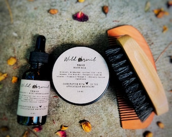 Natural Beard Grooming Set: Organic Oils, Balm, Wash & Wood Comb