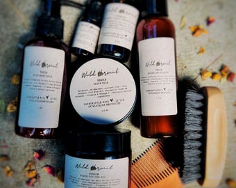 Natural Beard Grooming Set: Organic Oils, Balm, Wash & Wood Comb
