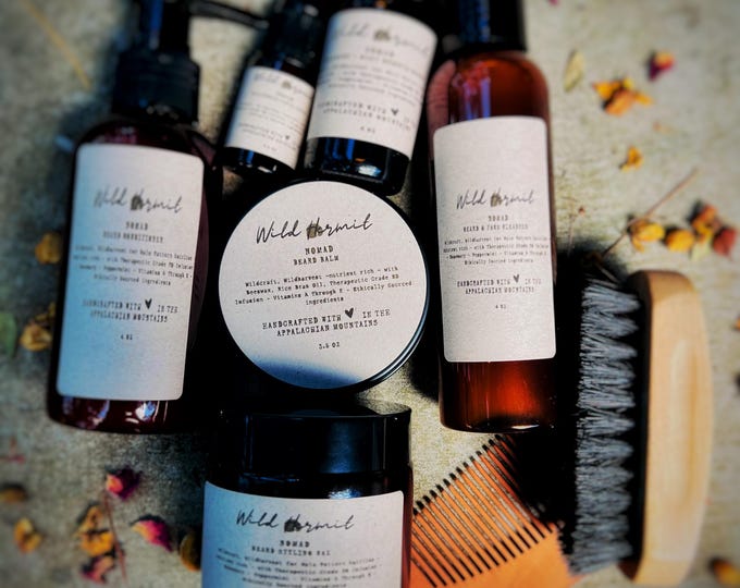 Natural Beard Grooming Set: Organic Oils, Balm, Wash & Wood Comb