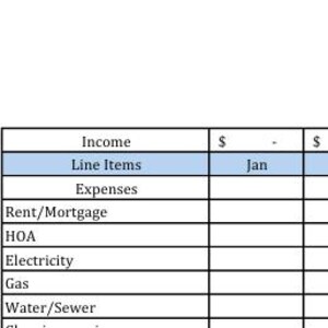May include: A financial spreadsheet template with sections for income and expenses. The spreadsheet includes categories for rent/mortgage, HOA, electricity, gas, and water/sewer. The months of January, February, March, and April are listed.
