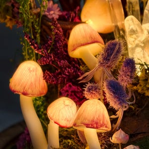May include: Close-up of illuminated mushroom-shaped lights with pink and white caps. The mushrooms are surrounded by purple and green foliage, creating a whimsical display. The lighting gives a warm, inviting glow.