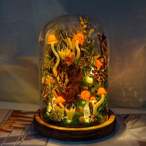 Könnte beinhalten: Eine dekorative Glaskuppel mit einer beleuchteten Miniatur-Waldszene. Die Szene umfasst leuchtende orangefarbene Pilze, verschiedene Pflanzen und Kristalle, alles auf einem Holzsockel. Die Kuppel wird von innen beleuchtet und erzeugt einen warmen, einladenden Schein.