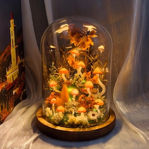 Könnte beinhalten: Eine dekorative Glaskuppel mit einer Miniatur-Pilzszene mit warmen orangefarbenen und weißen Pilzen, die auf einem Holzsockel steht. Die Szene umfasst getrocknete Pflanzen und wird von sanfter Beleuchtung beleuchtet.