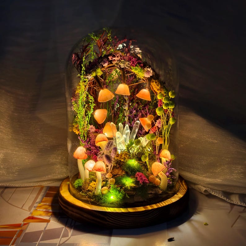 May include: A decorative glass cloche on a wooden base, featuring a miniature illuminated mushroom and floral arrangement. The mushrooms have orange caps and are lit with small lights, creating a whimsical aesthetic. The arrangement includes crystals and various plants.