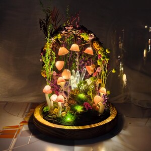 May include: A decorative terrarium with illuminated mushroom lights, crystals, and colourful plants. The wooden base supports a glass dome, creating a miniature forest scene. The mushrooms have pink caps and white stems.