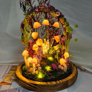 May include: A miniature fairy garden scene featuring glowing mushrooms, crystals, and tiny lights. The display is set within a wooden base and covered by a glass dome, creating an enchanting, illuminated scene.