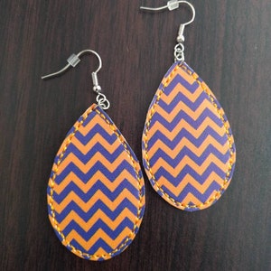 Orange blue sports team chevron Faux Leather earrings embroidered vinyl earrings teardrop light weight dangle image 1