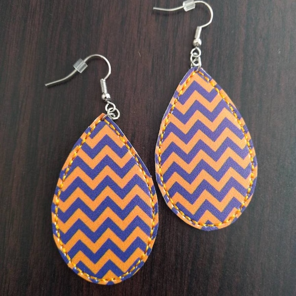 Orange blue sports team chevron Faux Leather earrings embroidered vinyl earrings teardrop light weight dangle