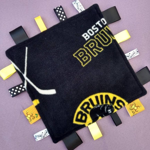 Boston Bruins hockey sensory blanket baby shower gift ribbon tag blanket