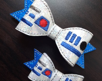 Space Robot hair bow embroidered hair clip barrette blue white