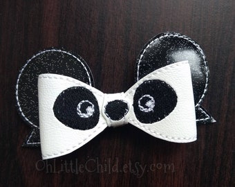 Panda bear hair bow embroidered clip black white animal zoo cute