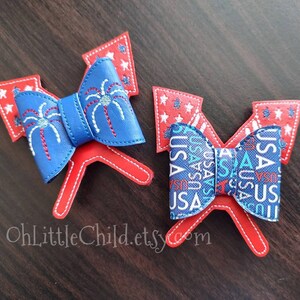 Patriotic July 4th hair bow clip embroidered hair bow stars and stripes America fireworks firecracker red white blue barrette