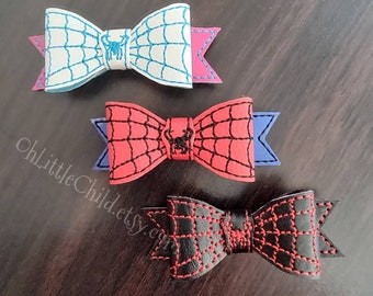 Spider hair bow clip embroidered hero web superhero spider girl black suit pink
