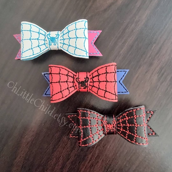 Spider hair bow clip embroidered hero web superhero spider girl black suit pink
