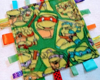 TMNT ninja turtles sensory blanket baby shower gift ribbon tag blanket green 80s