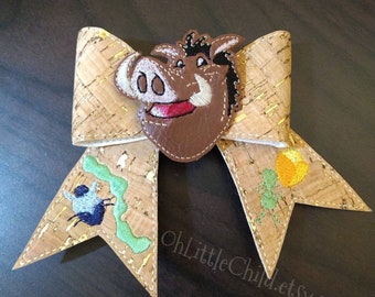 Lion King inspired embroidered hair bow hair clip cheer bow pumba warthog bugs insects