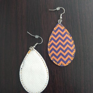 Orange blue sports team chevron Faux Leather earrings embroidered vinyl earrings teardrop light weight dangle image 2