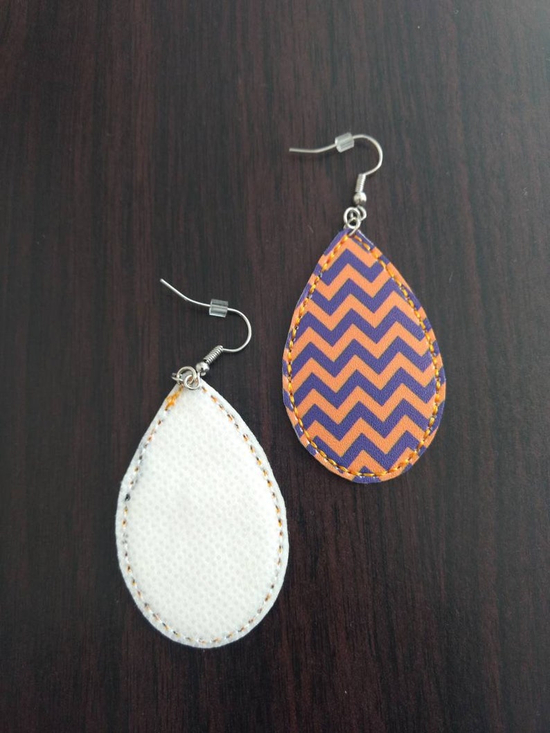 Orange blue sports team chevron Faux Leather earrings embroidered vinyl earrings teardrop light weight dangle image 2