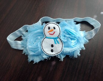 Baby winter snowman elastic headband light blue rosettes feltie