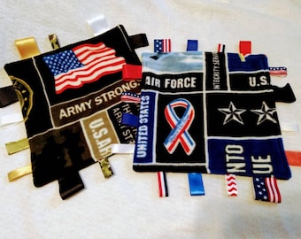 Military sensory blanket baby shower gift ribbon tag blanket boy navy blue marines air force