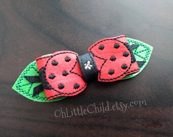 Red lady bug insect embroidered hair bow clip  nature spring polka dot spotted