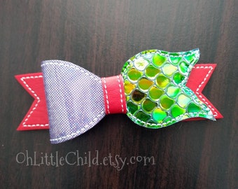 Little Mermaid under the sea inspired clip embroidered hair bow 3d purple scales
