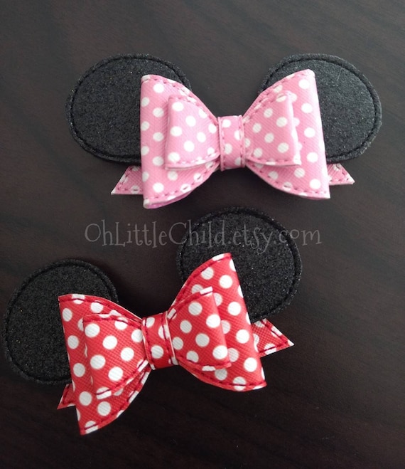 Minnie mouse ears inspired girl polka dot pink red embroidered hair bow clip