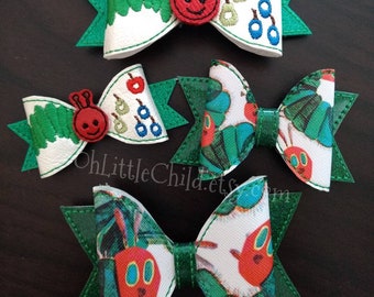 Hungry Caterpillar 3d bow clip fruit white green book embroidered hair bow