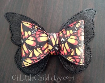 Monarch butterfly bug insect embroidered hair bow clip  nature spring black sparkle