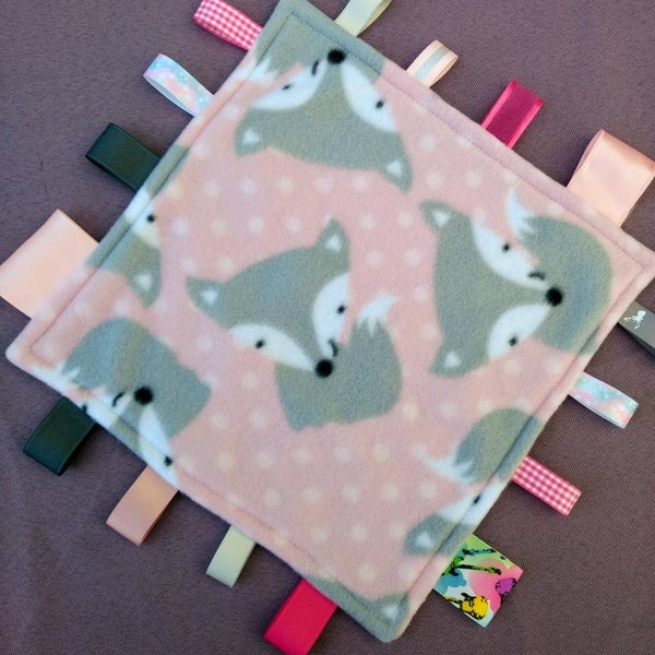 Pink fox sensory blanket baby shower gift ribbon tag blanket  woodland animal wildlife gray