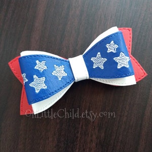 Patriotic July 4th bow hair clip  embroidered hair bow stars and stripes American flag red white blue