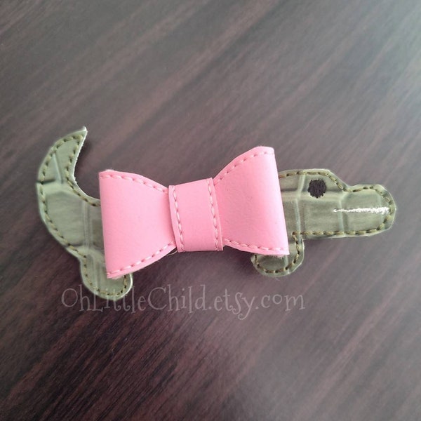 Alligator gator crocodile bow hair clip clippie embroidered pink